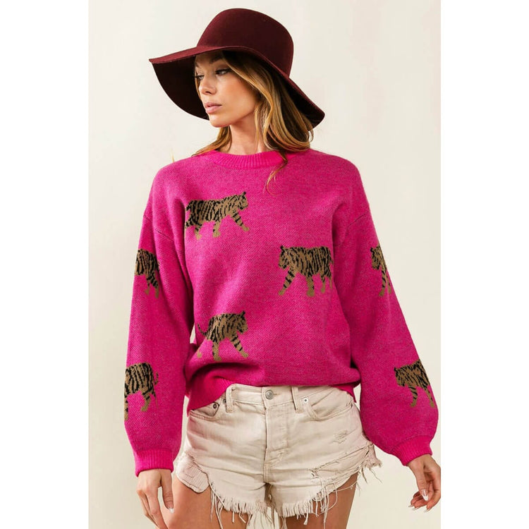 Tiger Crew Neck Sweater fuchsia front | MILK MONEY milkmoney.co | cute sweaters for women, cute knit sweaters, cute pullover sweaters