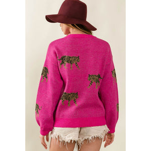 Tiger Crew Neck Sweater fuchsia back | MILK MONEY milkmoney.co | cute sweaters for women, cute knit sweaters, cute pullover sweaters