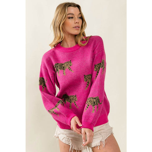 Tiger Crew Neck Sweater fuchsia front | MILK MONEY milkmoney.co | cute sweaters for women, cute knit sweaters, cute pullover sweaters