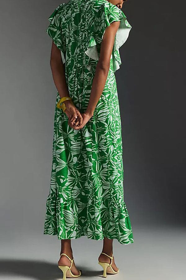 Tropical Print Button Front Midi Dress green back | MILK MONEY milkmoney.co | cute clothes for women. womens online clothing. trendy online clothing stores. womens casual clothing online. trendy clothes online. trendy women's clothing online. ladies online clothing stores. trendy women's clothing stores. cute female clothes.