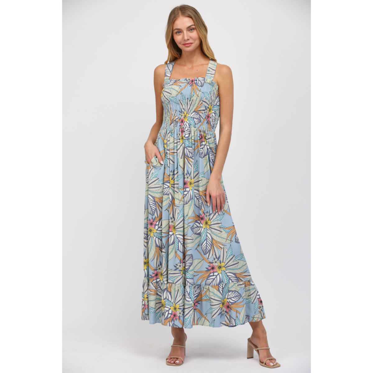 Tropical Print Linen Maxi Dress