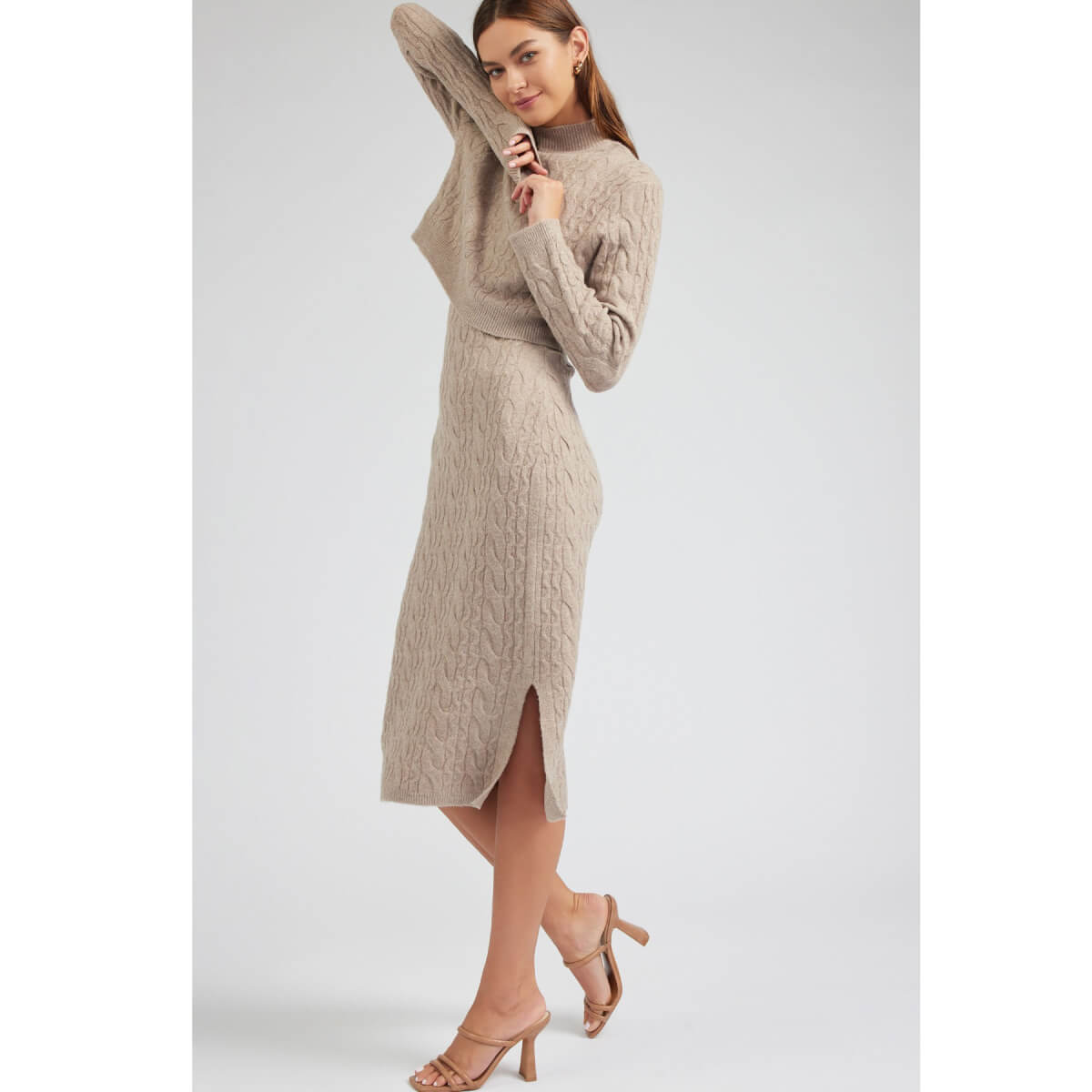 Two Piece Cable Knit Sweater Midi Dress  beige front | MILK MONEY milkmoney.co | cute clothes for women. womens online clothing. trendy online clothing stores. womens casual clothing online. trendy clothes online. trendy women's clothing online. ladies online clothing stores. trendy women's clothing stores. cute female clothes.
