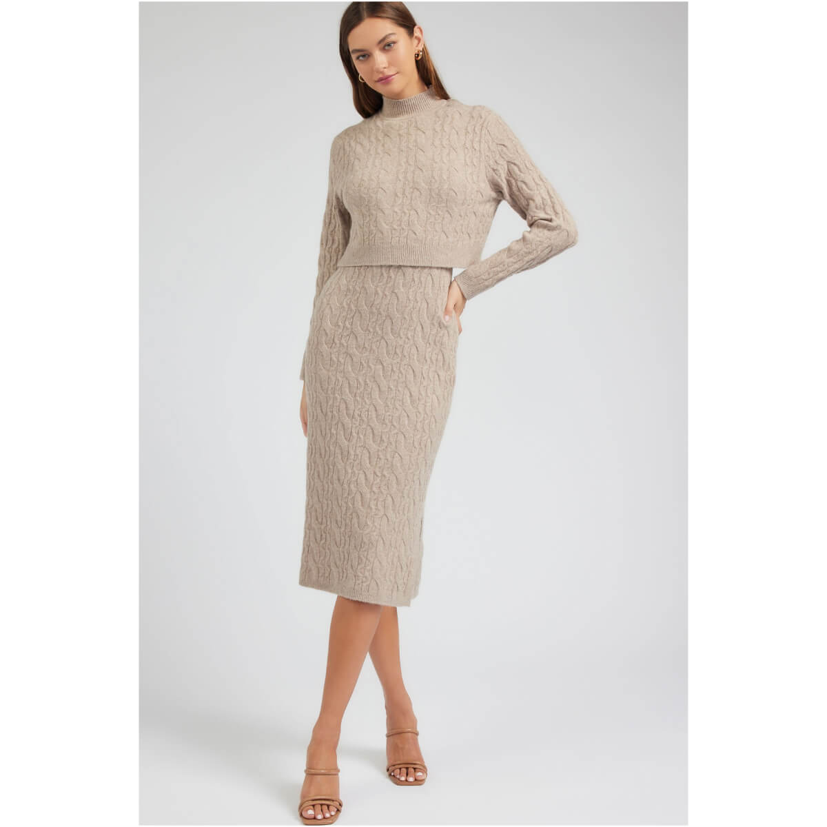 Two Piece Cable Knit Sweater Midi Dress  beige front | MILK MONEY milkmoney.co | cute clothes for women. womens online clothing. trendy online clothing stores. womens casual clothing online. trendy clothes online. trendy women's clothing online. ladies online clothing stores. trendy women's clothing stores. cute female clothes.
