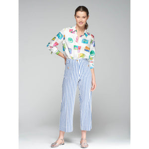 Vilagallo Dorin Striped Trouser with Lobster Button Detail blue front | MILK MONEY milkmoney.co | cute pants for women. cute trendy pants. 
