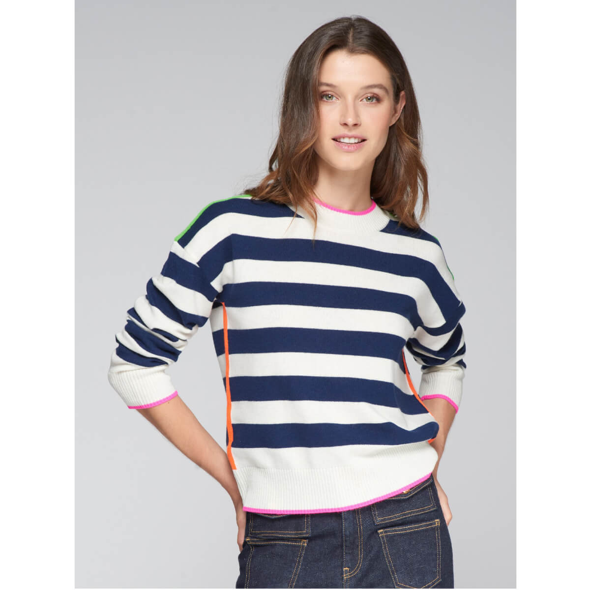 Vilagallo Fabiola Striped Tiger Crew Neck Sweater front white | MILK MONEY milkmoney.co | cute tops for women. trendy tops for women. cute blouses for women. stylish tops for women. pretty womens tops. 
