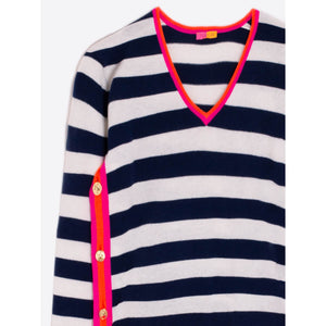 Vilagallo Striped V-Neck Side Button Sweater navy front | MILK MONEY milkmoney.co | cute tops for women. trendy tops for women. cute blouses for women. stylish tops for women. pretty womens tops. 
