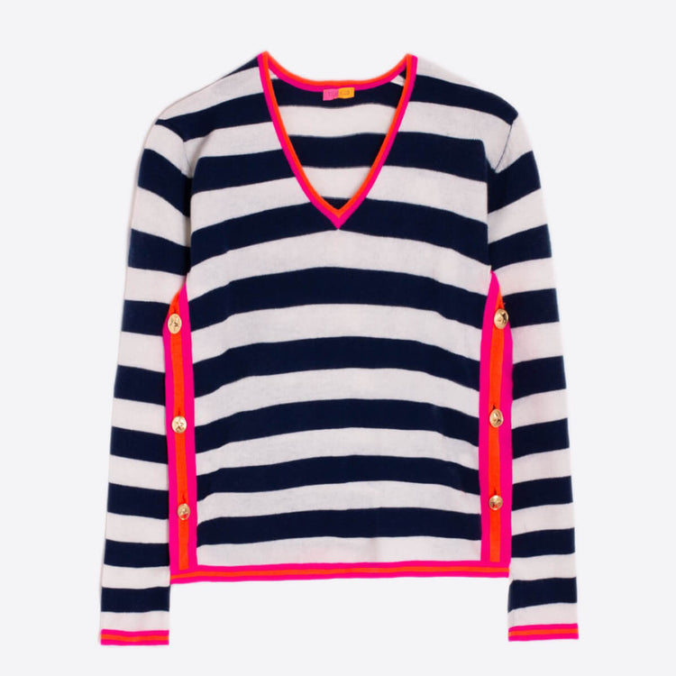 Vilagallo Striped V-Neck Side Button Sweater navy front | MILK MONEY milkmoney.co | cute tops for women. trendy tops for women. cute blouses for women. stylish tops for women. pretty womens tops. 
