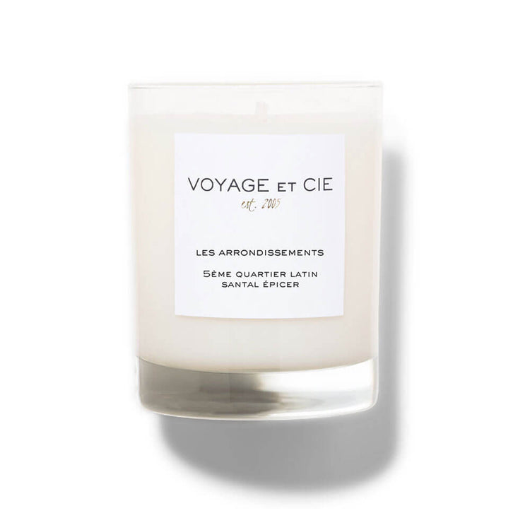 Voyage et Cie 5Ème Quartier Latin Santal Épicer Candle  front | MILK MONEY milkmoney.co | soy wax candles, small candles. natural candles, organic candles, scented soy candles, concrete candle, hand poured candles, hand poured soy candles, cement candle, hand poured soy wax candles, scented hand poured candles, hand poured scented candles