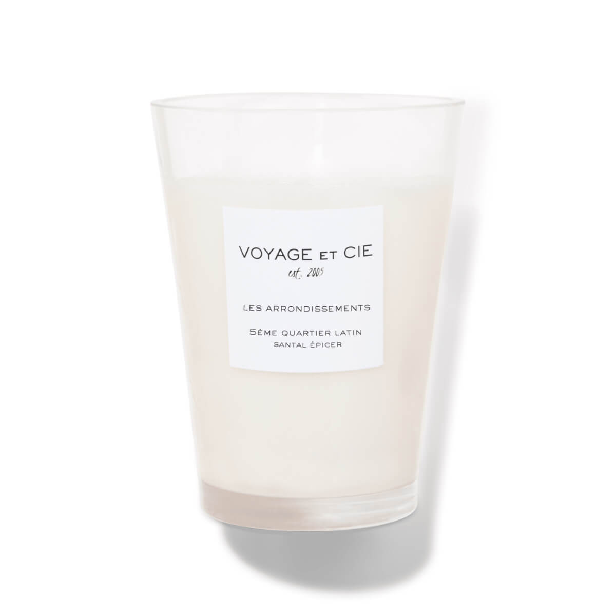 Voyage et Cie 5Ème Quartier Latin Santal Épicer 6"Candle front white | MILK MONEY milkmoney.co | white elephant gift ideas, gift, mother's day gift ideas, white elephant gift, gift shops near me, cute home decor, mother's day gift, cute home accents, handmade in USA, elegant home decor