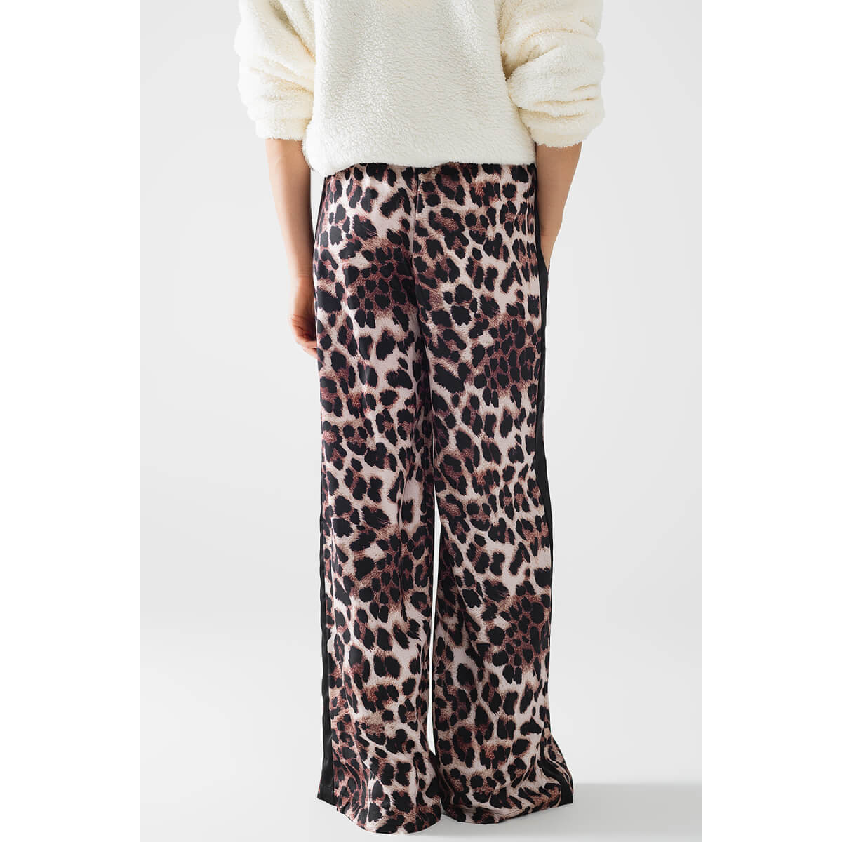 Wide Leg Leopard Pants with Satin Side Stripe brown back | MILK MONEY milkmoney.co | cute pants for women. cute trendy pants. 
