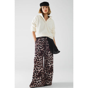 Wide Leg Leopard Pants with Satin Side Stripe brown front | MILK MONEY milkmoney.co | cute pants for women. cute trendy pants. 
