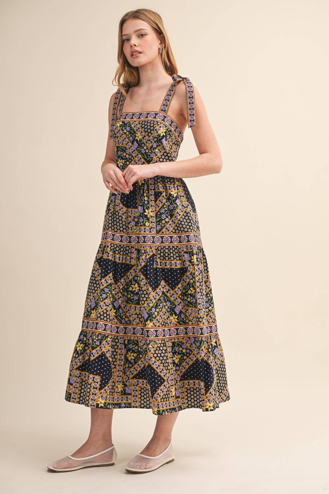 Patchwork Tie Strap Midi Dress