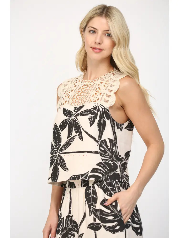Tropical Print Linen Blend Crop Top