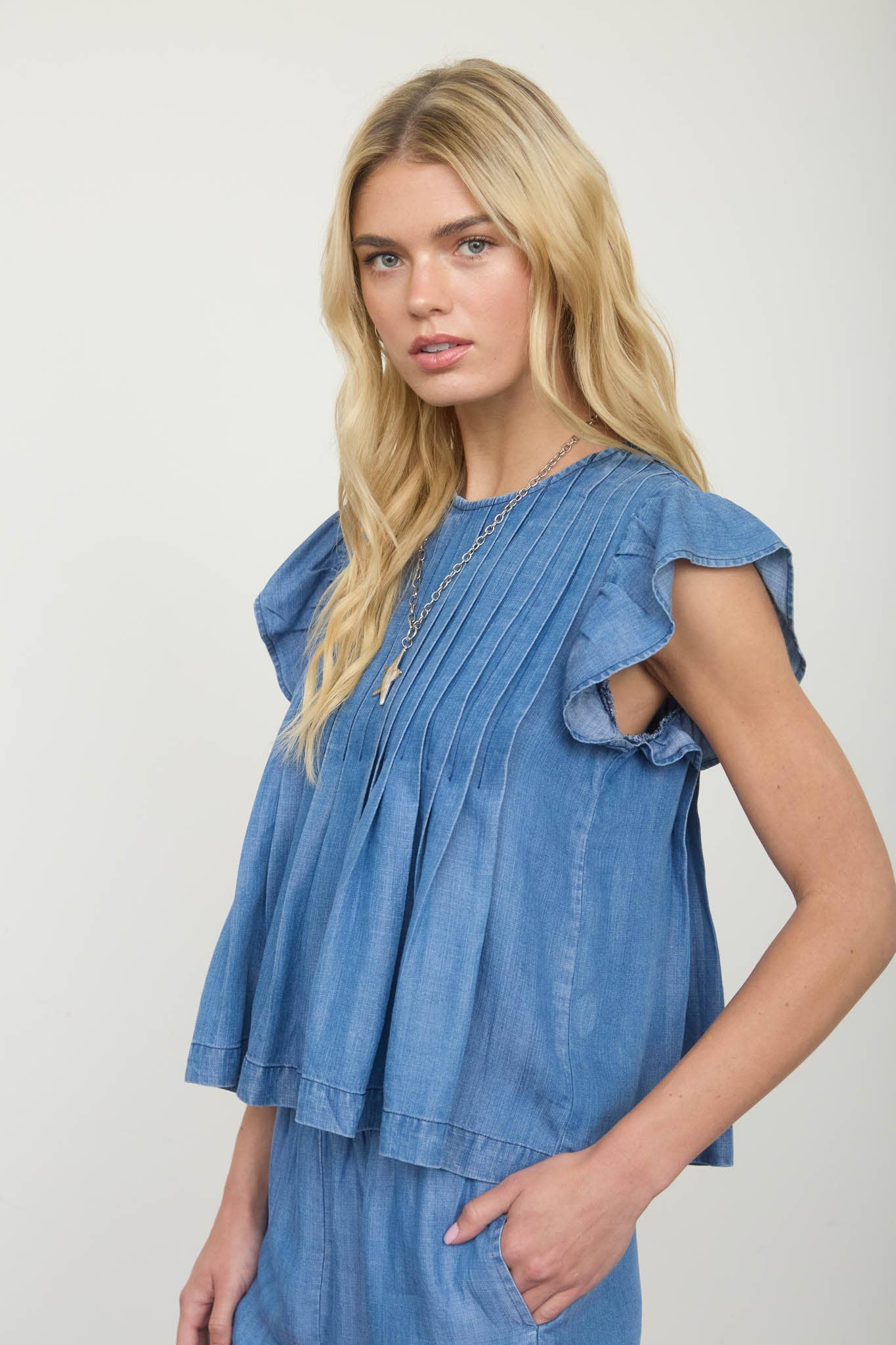 Pintuck Detail Ruffle Sleeve Denim Top