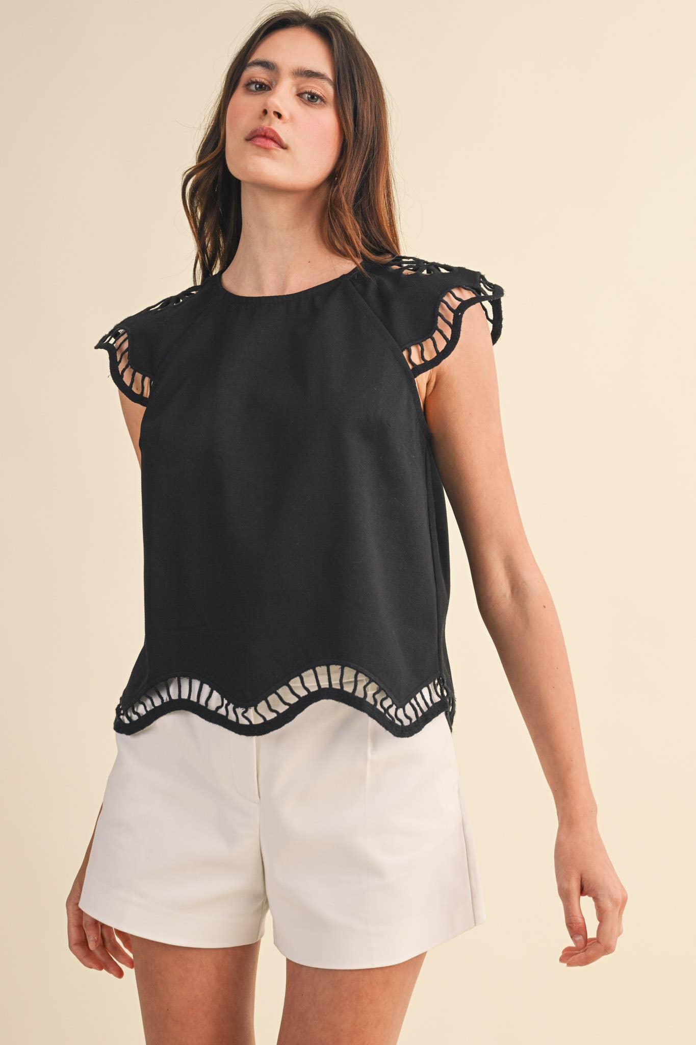 Embroidered Cut-Out Cap Sleeve Top