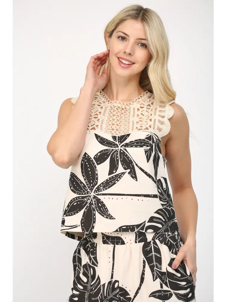 Tropical Print Linen Blend Crop Top