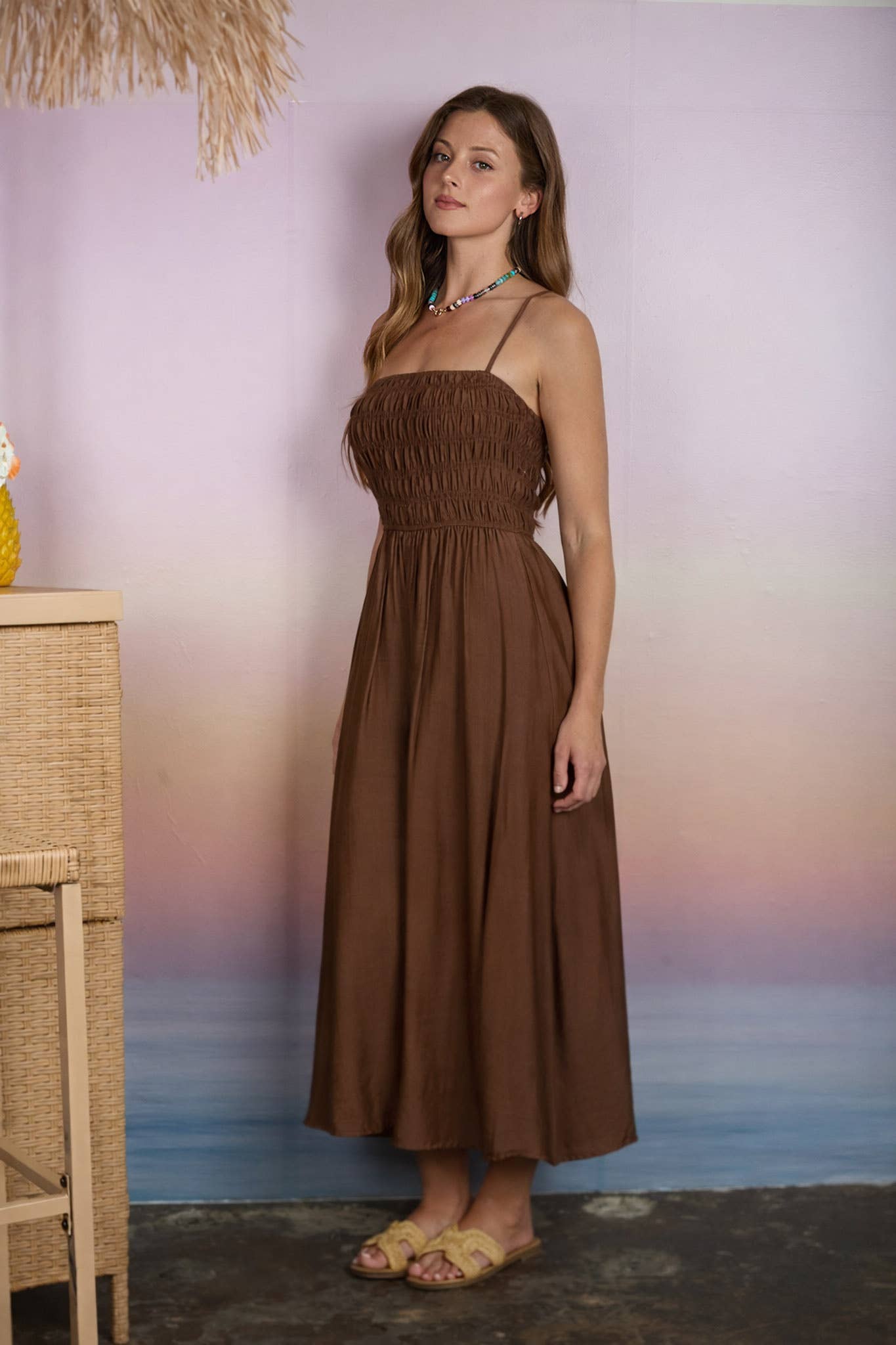 Shirred Bodice Midi Dress