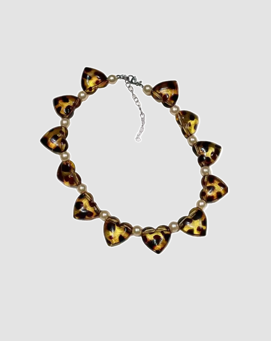 Tortoise Shell Puffy Heart Pearl Neckalce