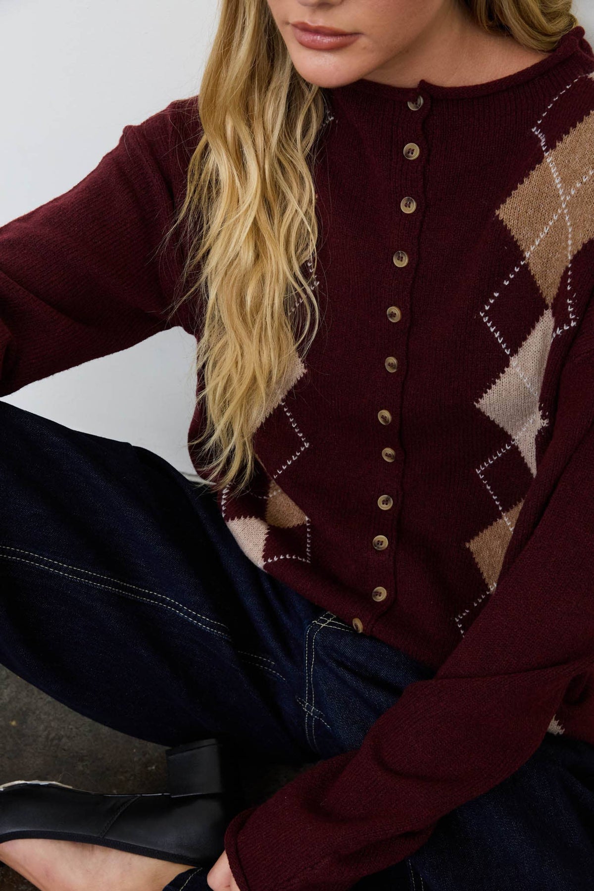 Argyle Mock Neck Button Down Cardigan