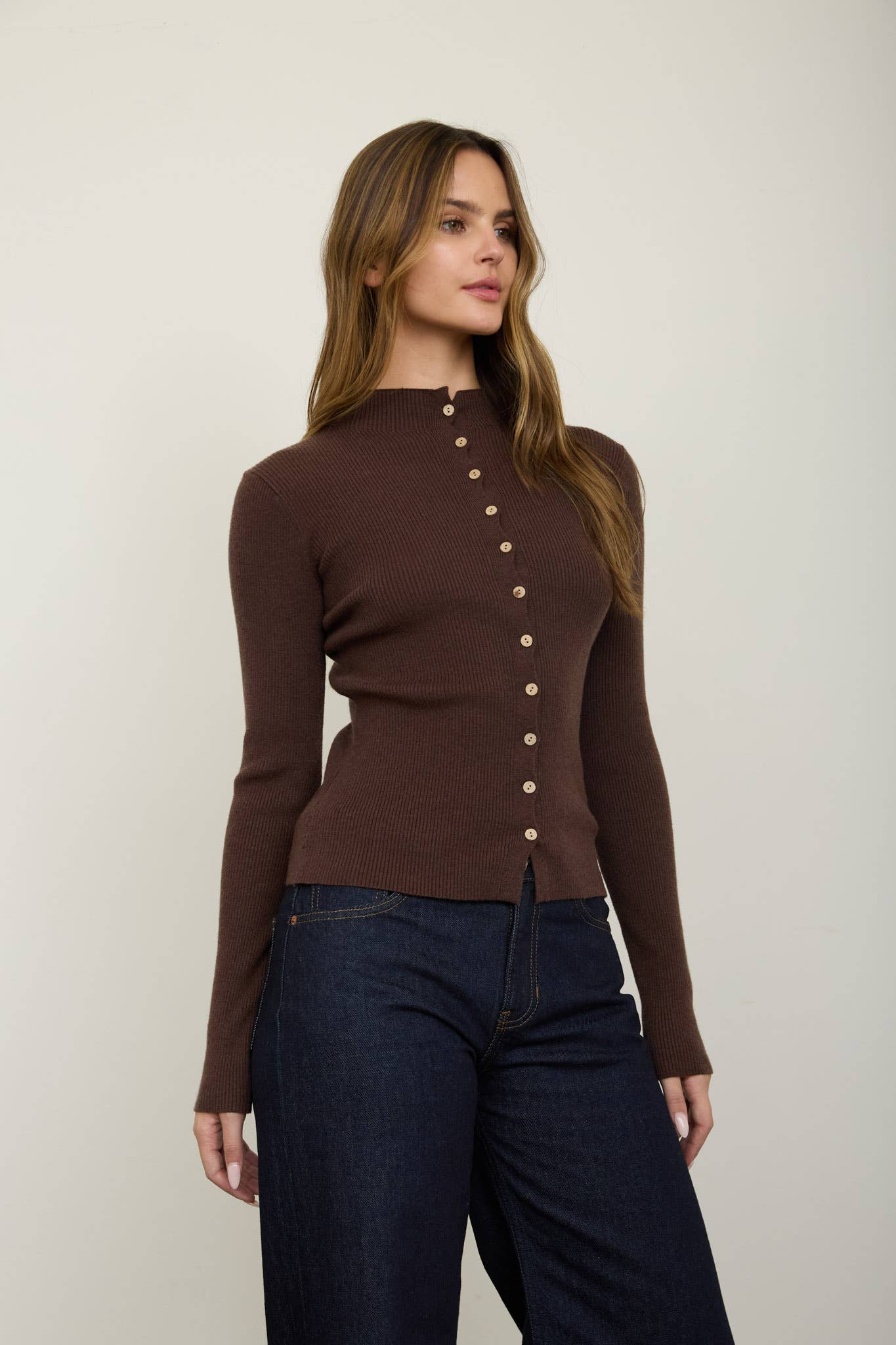 Mock Neck Button Knit Cardigan