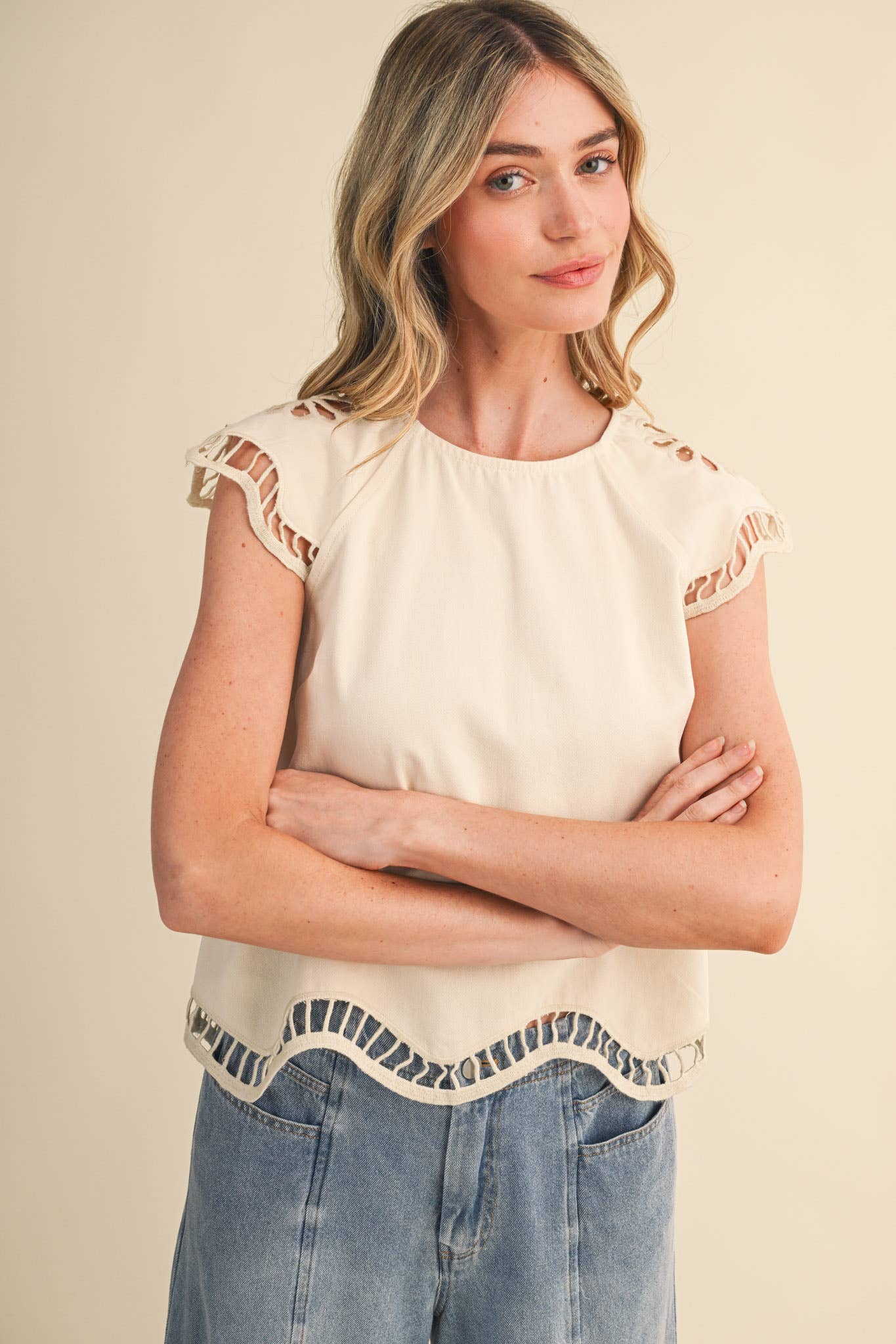 Embroidered Cut-Out Cap Sleeve Top