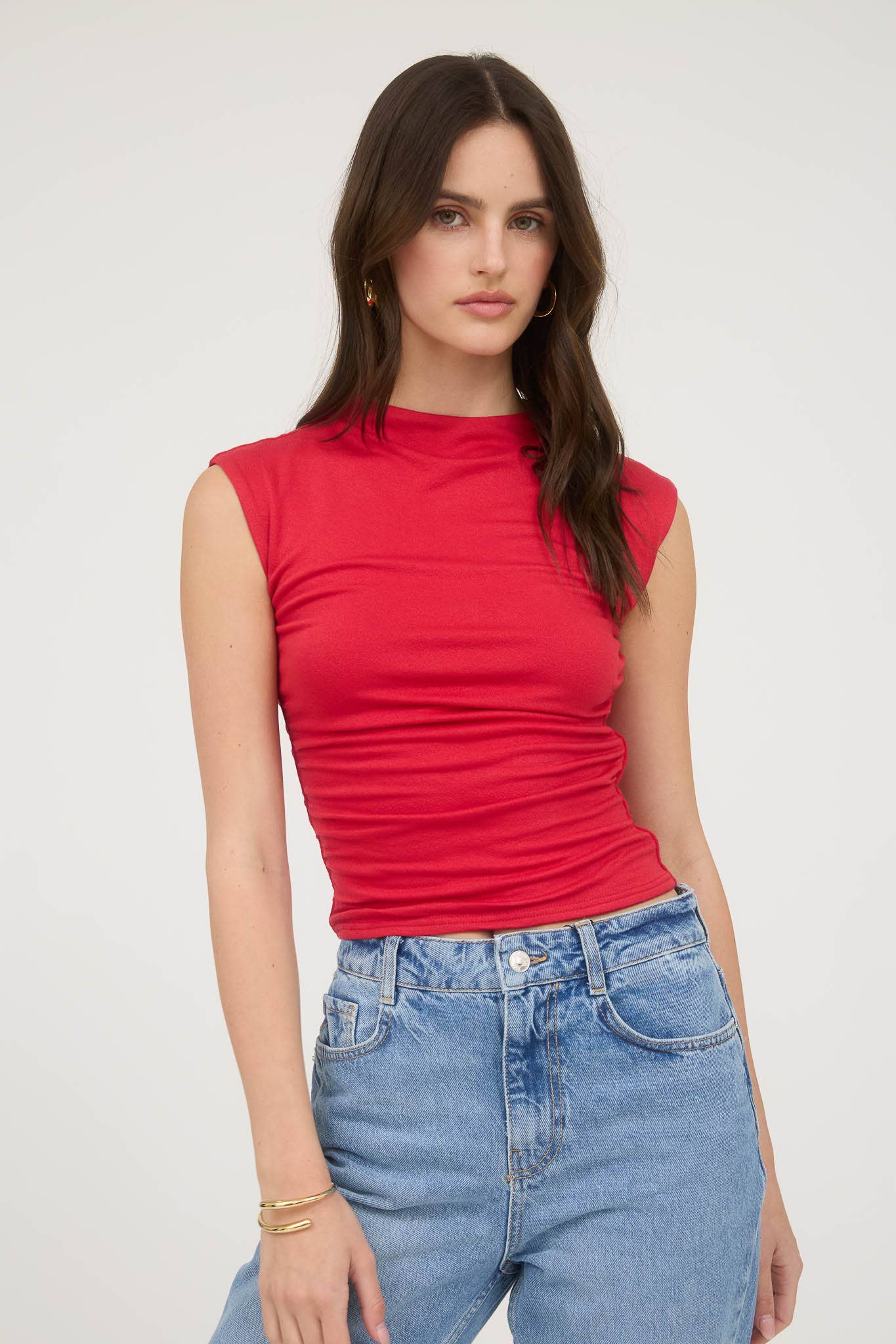 White Reversible Funnel Neck Scrunch Knit Top