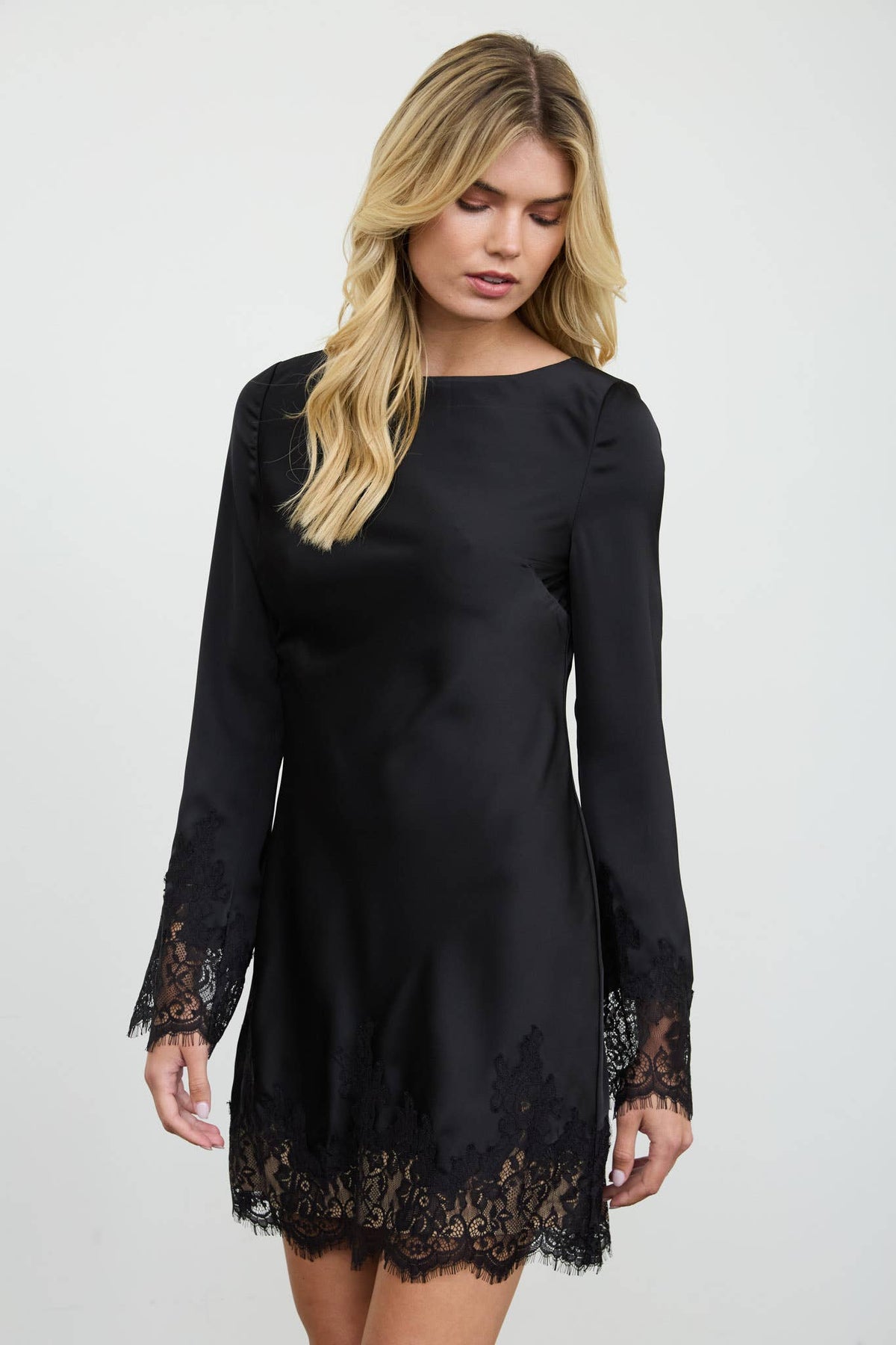 Satin Boat Neck Lace Trim Mini Dress