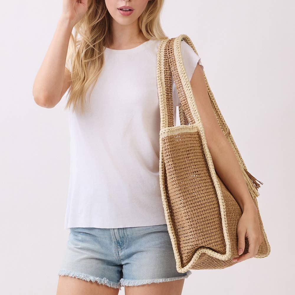 Two Tone Woven Straw Tote