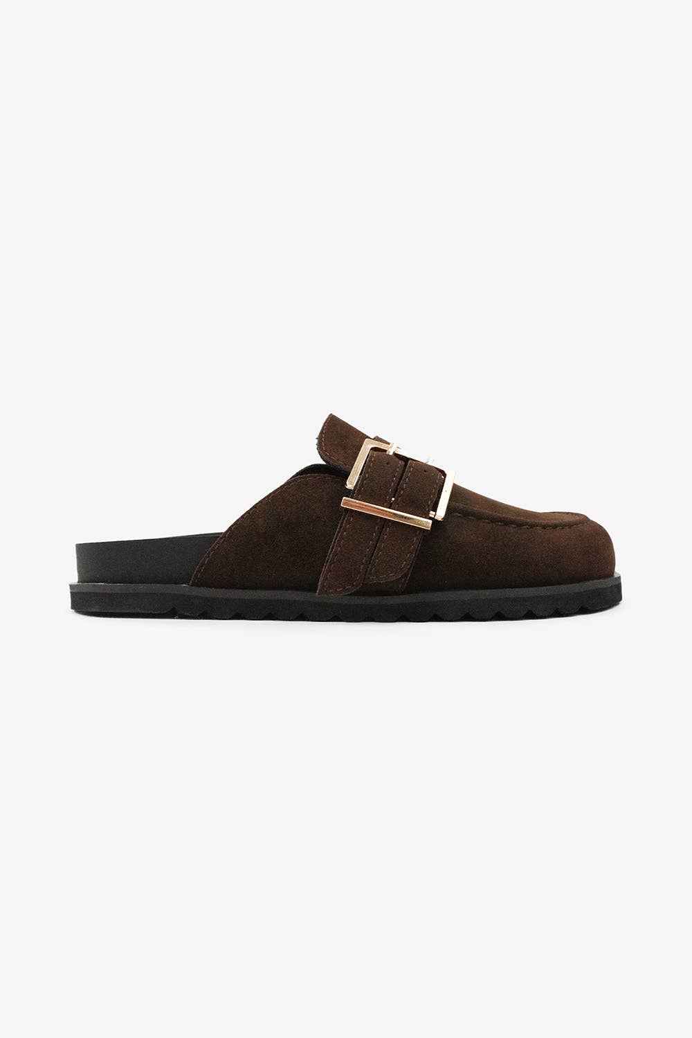 Gold Buckle Suede Clog Mule