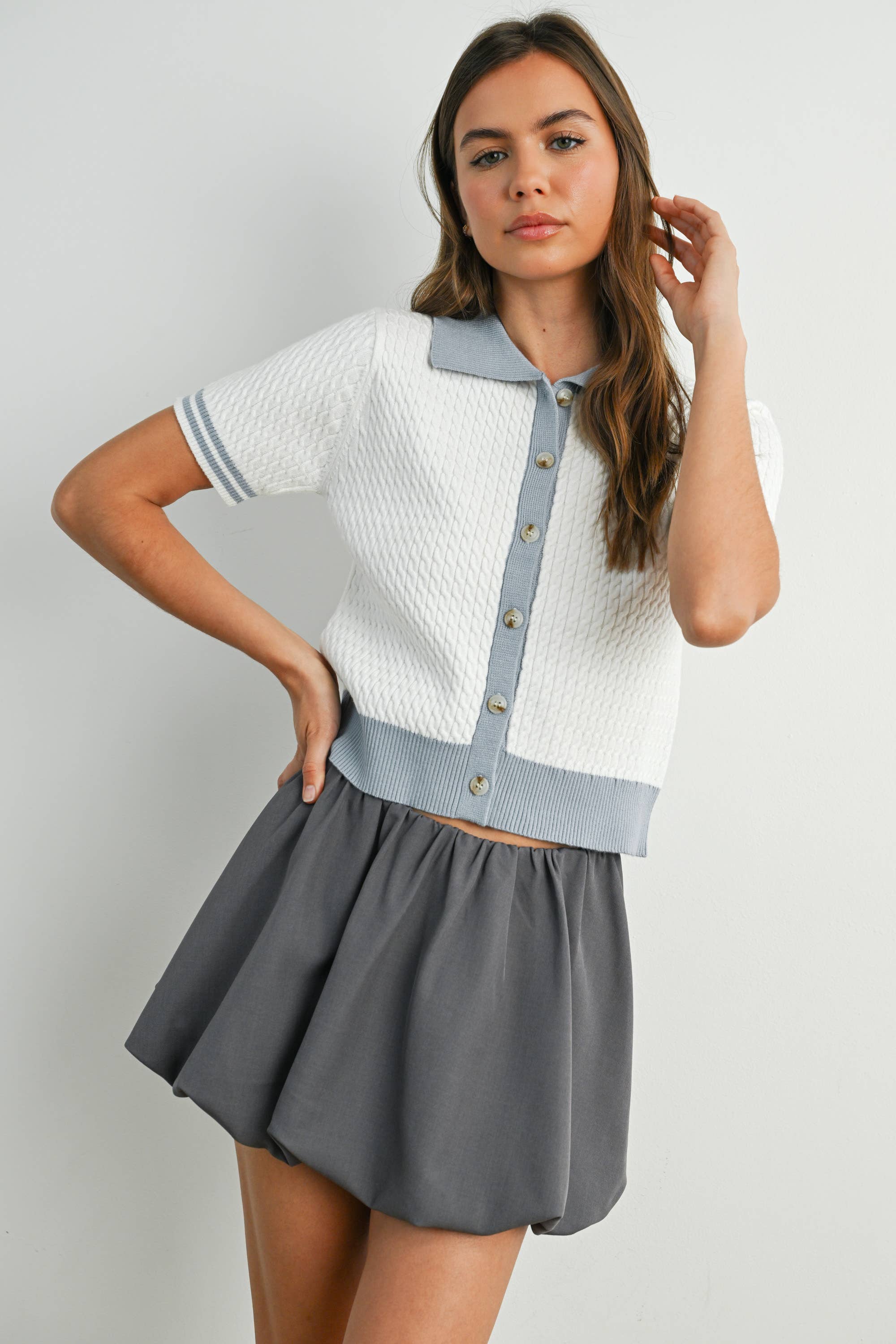 Button-Up Collared Short Sleeve Top