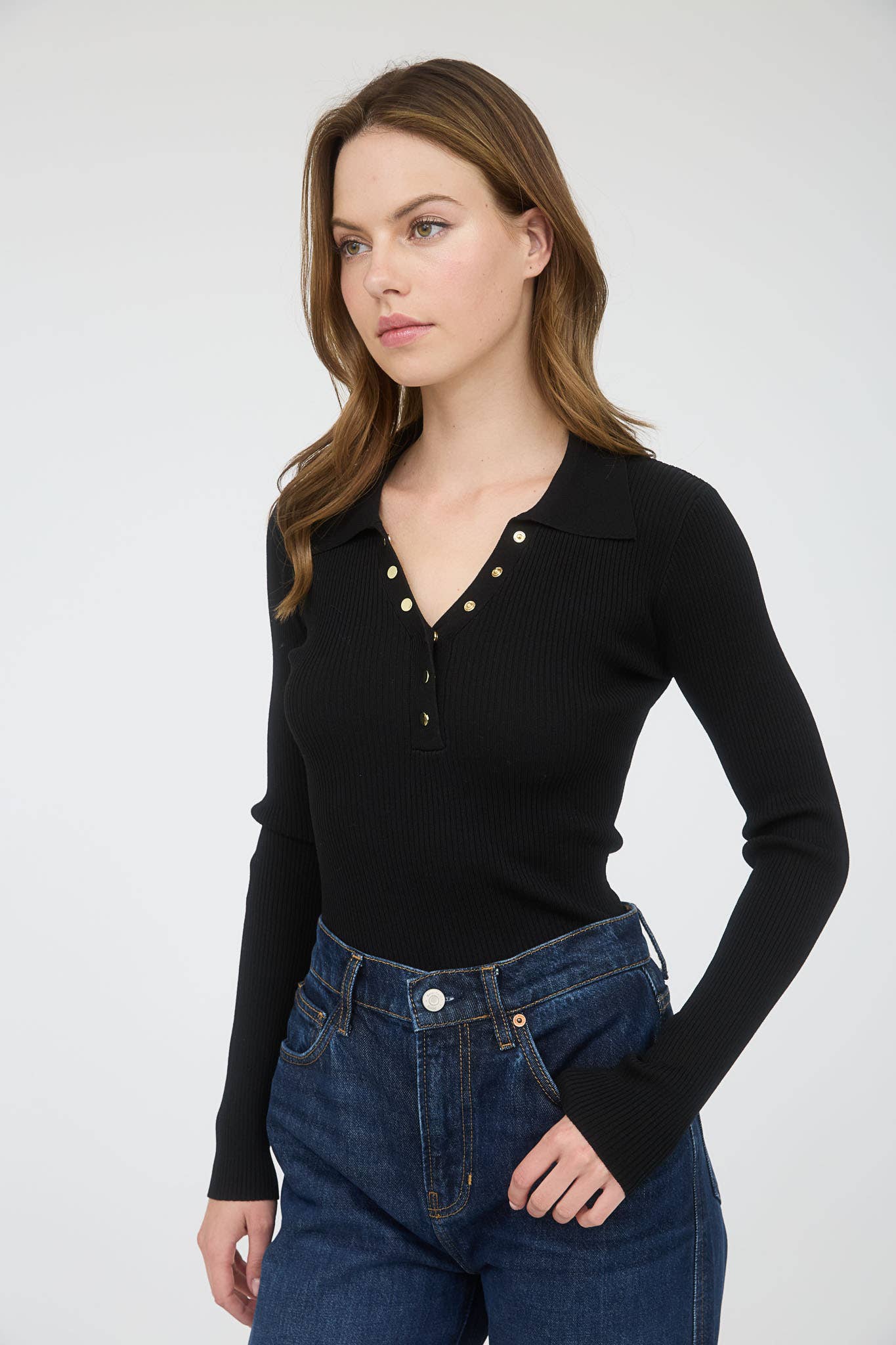 Gold-Button Knit Long Sleeve