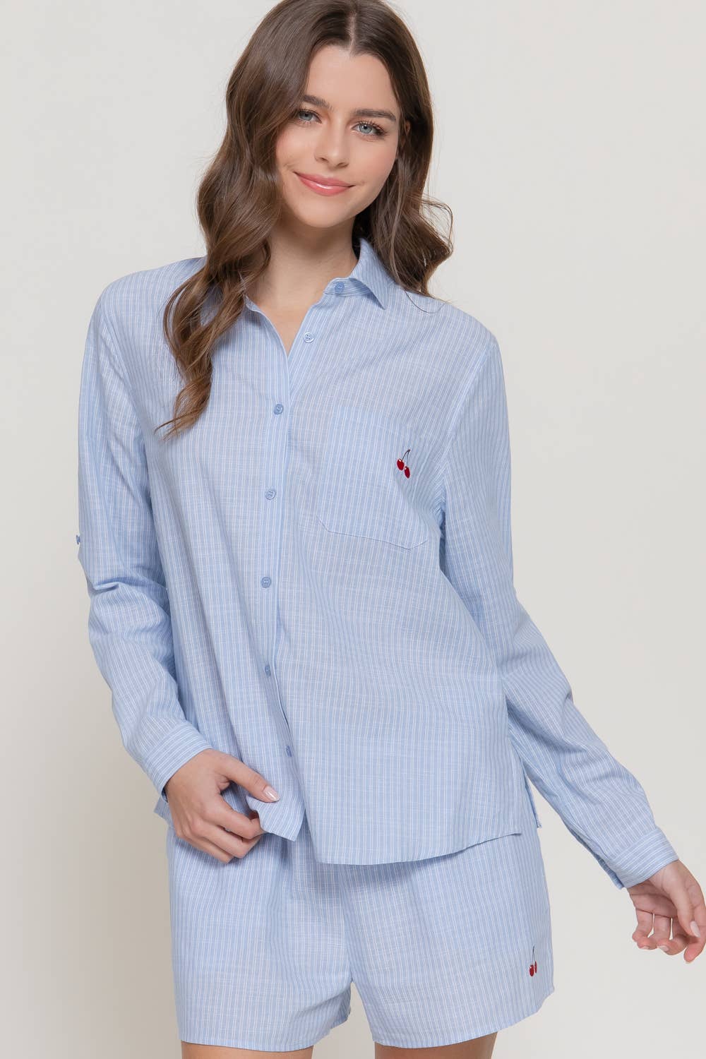 Cherry Embroidery Button Down