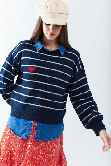 Navy Stripe Sweater w/ Heart