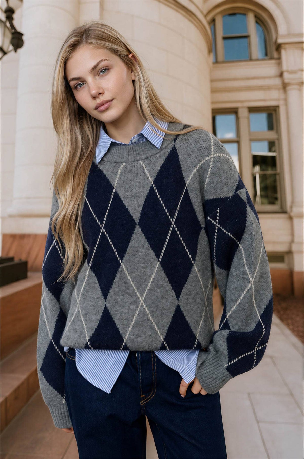 Oversized Argyle Knit Pullover