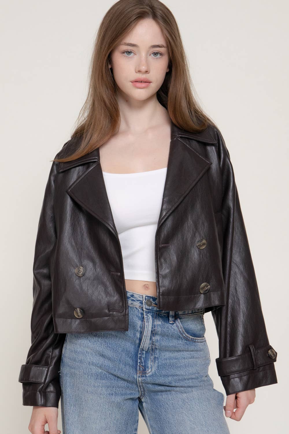 Faux Leather Cropped Trench Coat