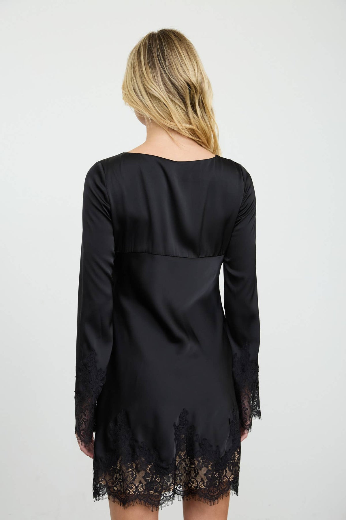 Satin Boat Neck Lace Trim Mini Dress