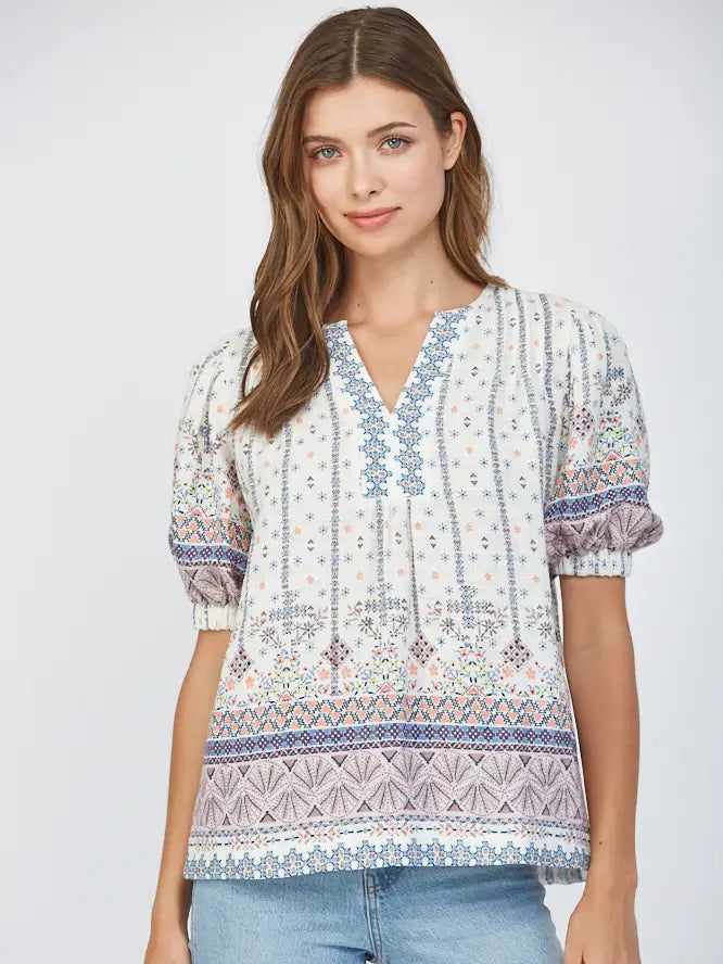 Pleat Detail Cotton Gauze Split Neck Top