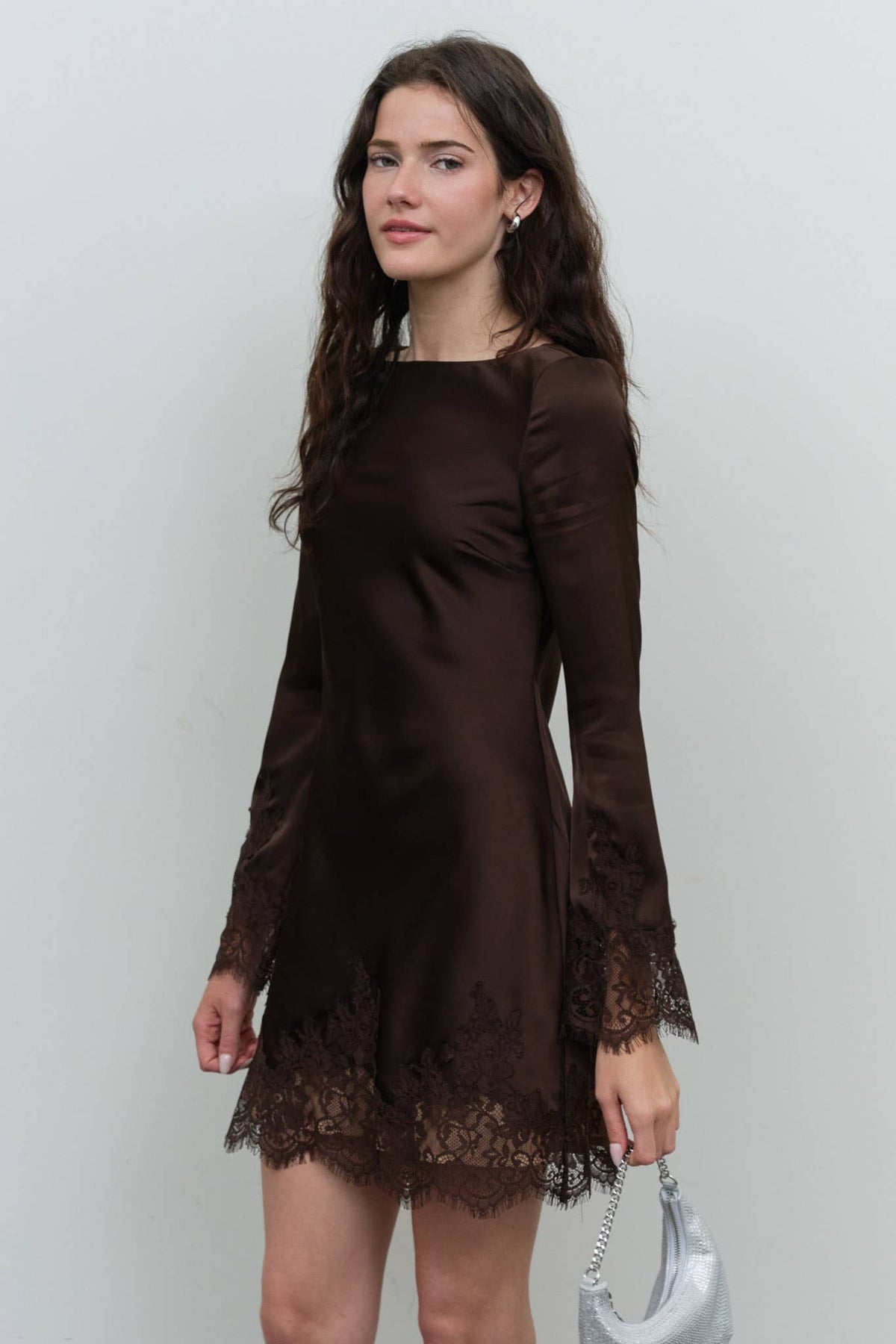 Satin Boat Neck Lace Trim Mini Dress