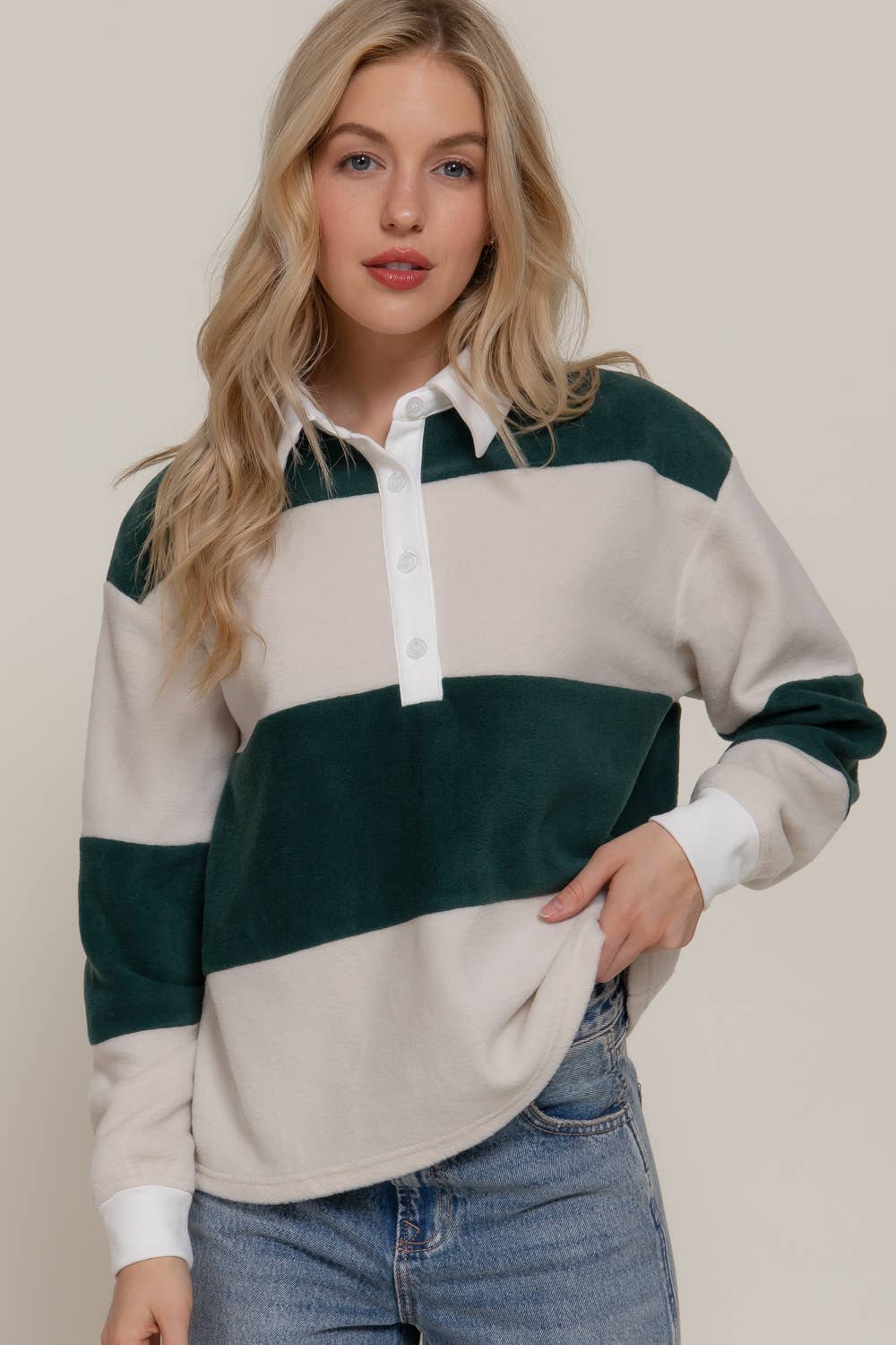 Rugby Stripe Fleece Polo Top