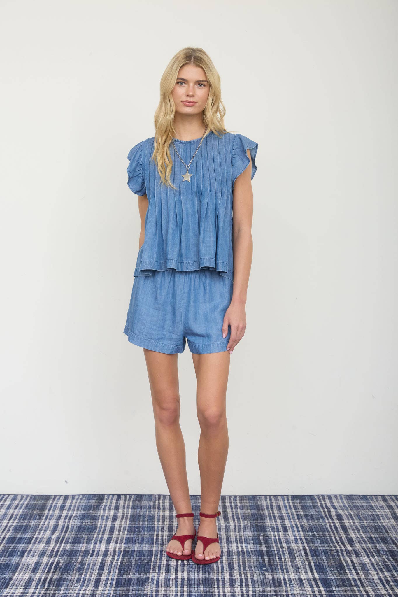 Pintuck Detail Ruffle Sleeve Denim Top