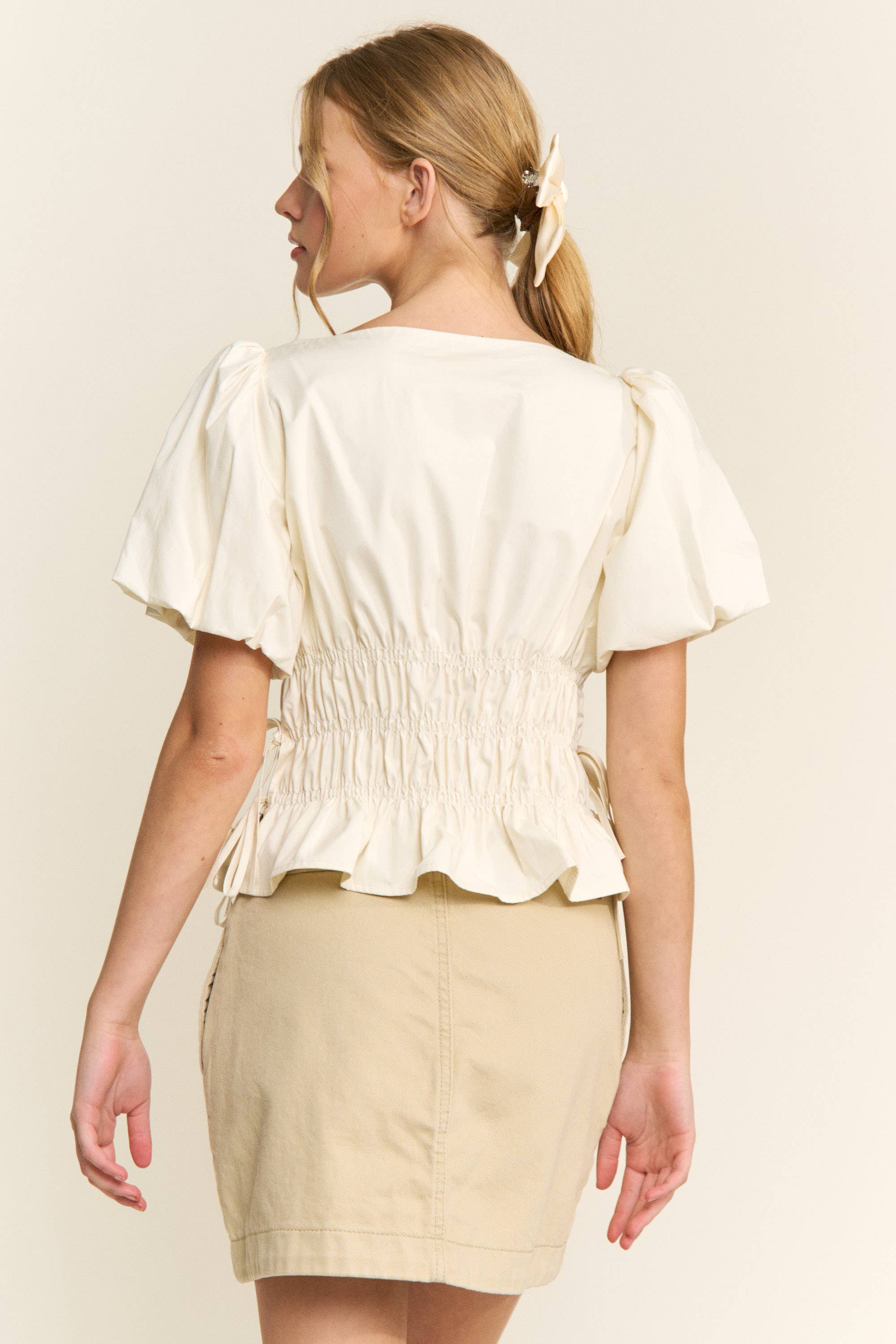 Boat Neckline Smocked Puff Sleeve Top