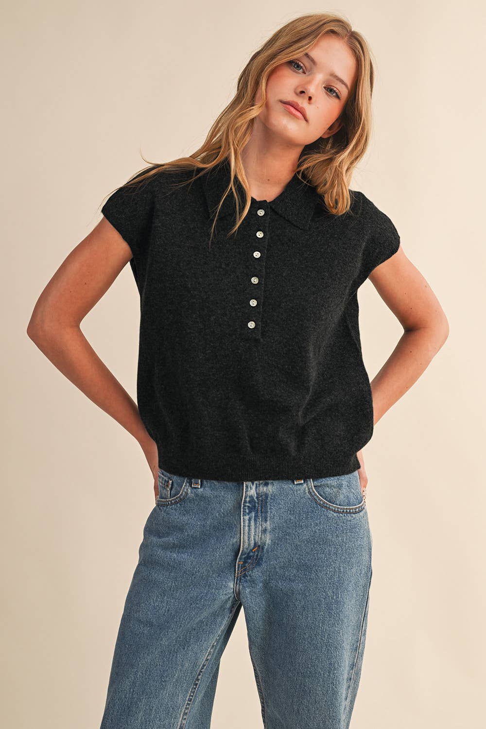Cap Sleeve Collared Sweater Vest