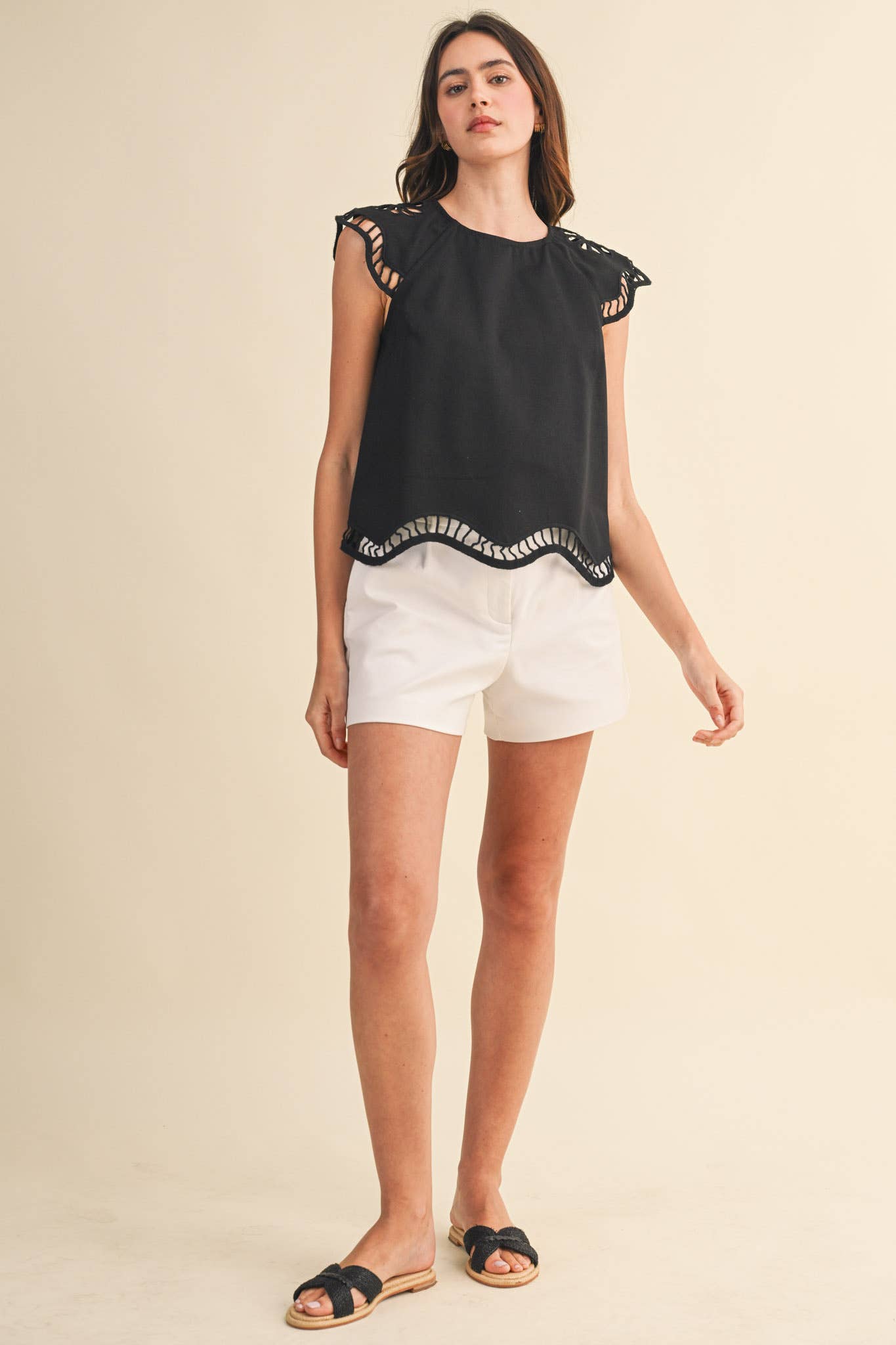Embroidered Cut-Out Cap Sleeve Top
