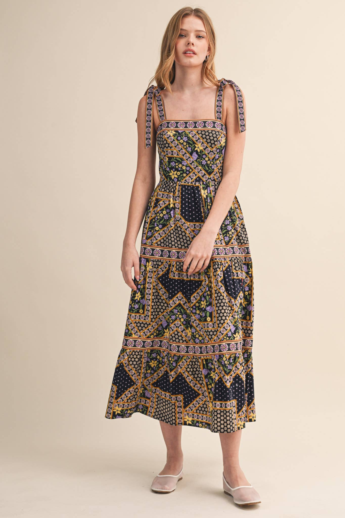 Patchwork Tie Strap Midi Dress