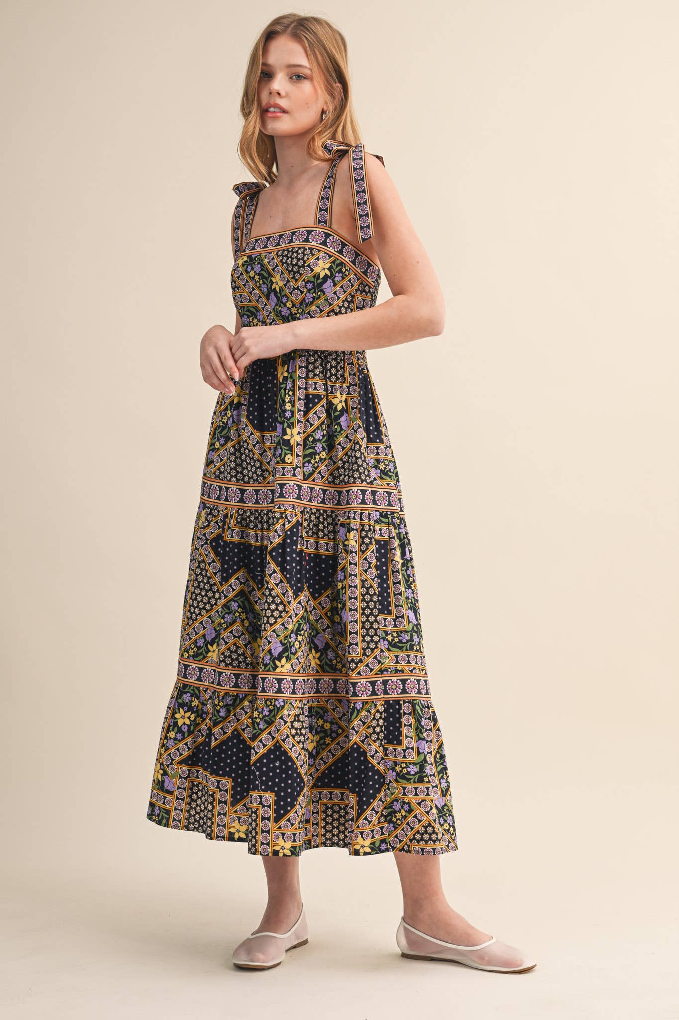 Patchwork Tie Strap Midi Dress
