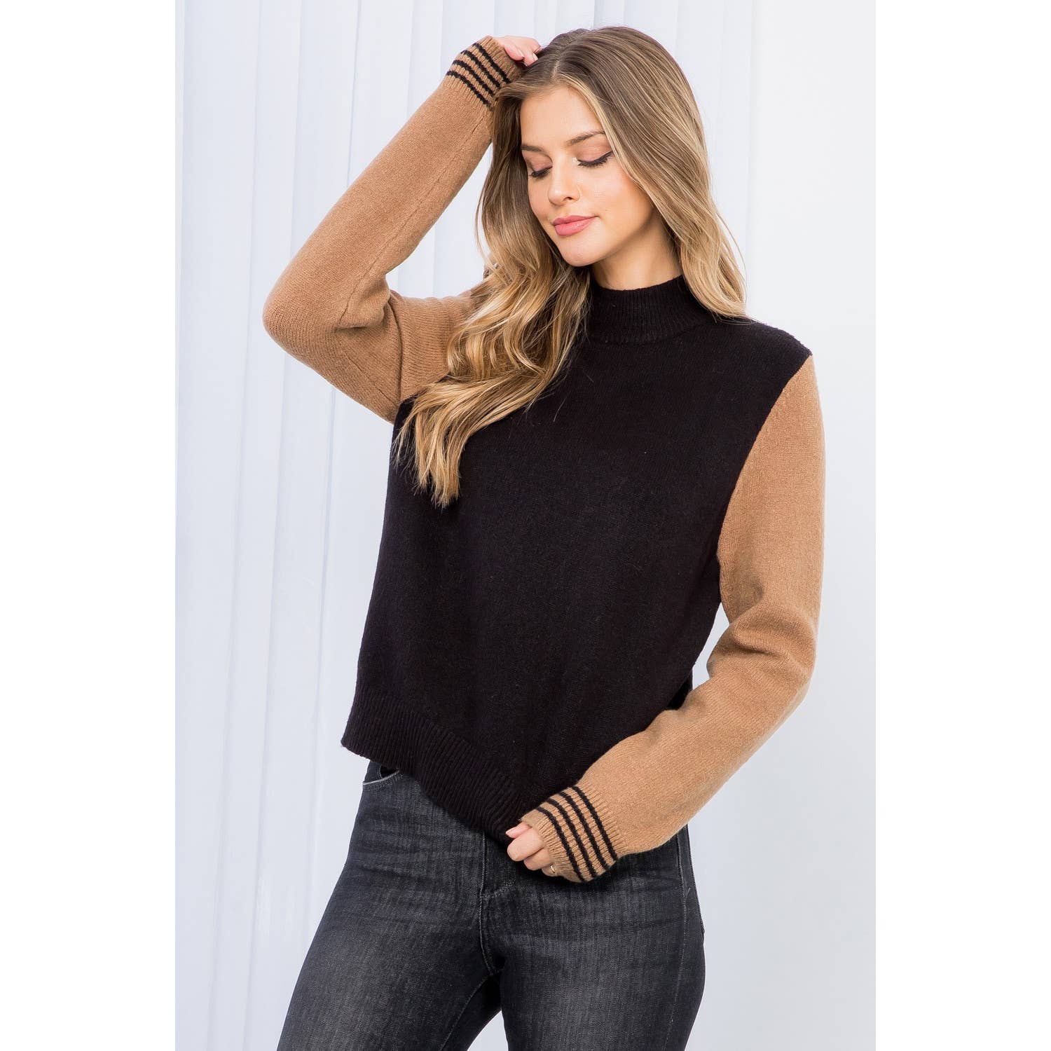 Color Block Mock Neck Sweater black front | MILK MONEY milkmoney.co | cute clothes for women. womens online clothing. trendy online clothing stores. womens casual clothing online. trendy clothes online. trendy women's clothing online. ladies online clothing stores. trendy women's clothing stores. cute female clothes.
