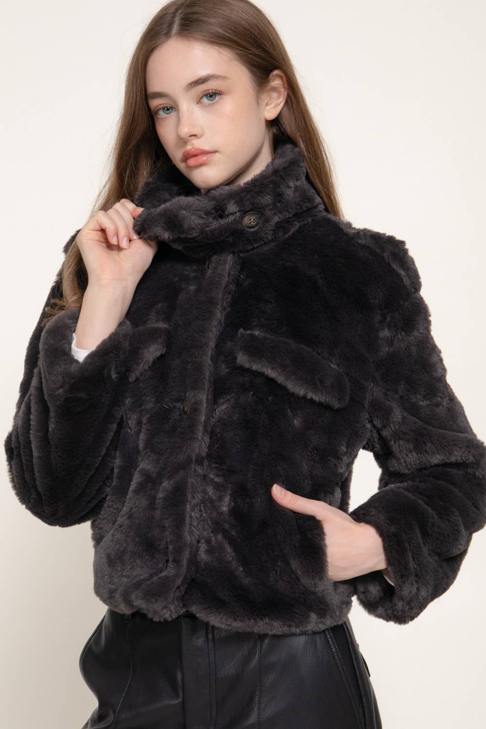 Funnel Neck Faux Fur Jacket