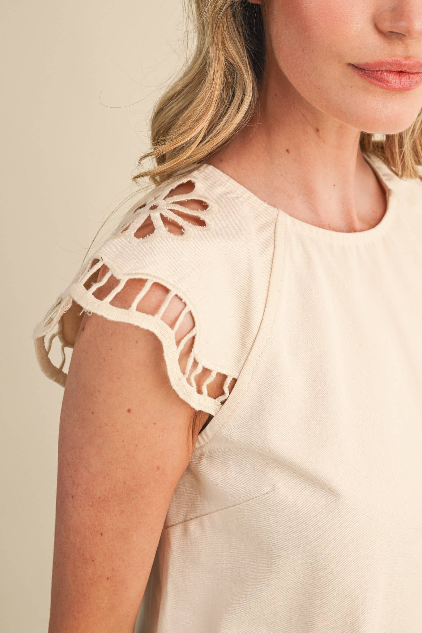 Embroidered Cut-Out Cap Sleeve Top