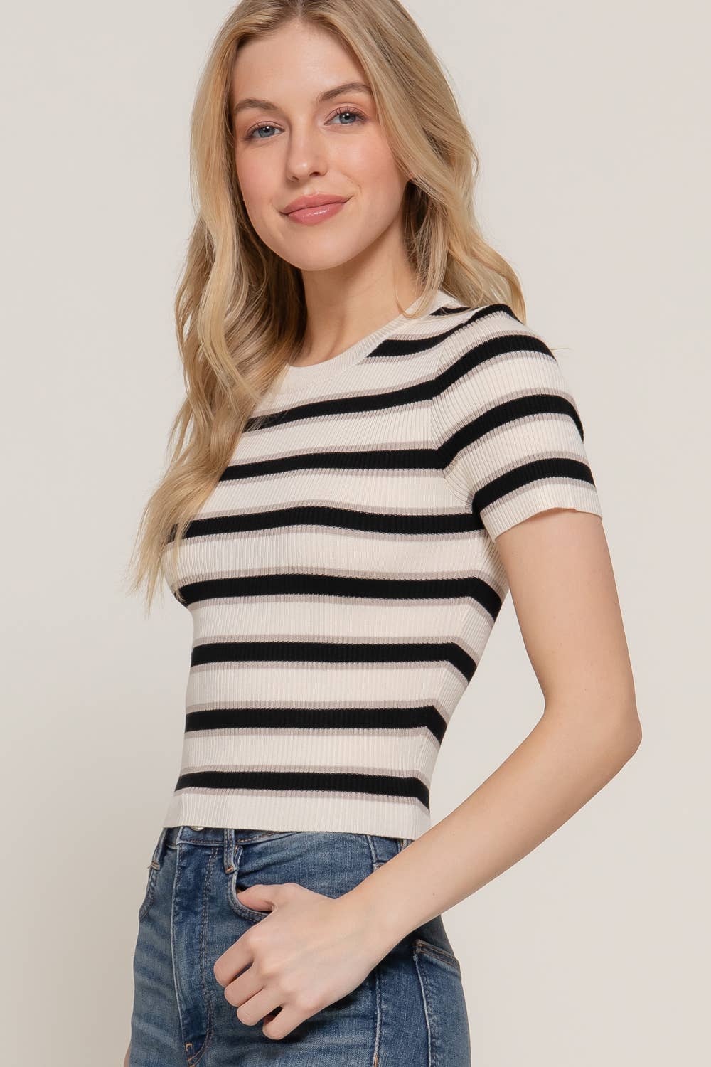 Short-Sleeve Ribbed Multi-Stripe Top