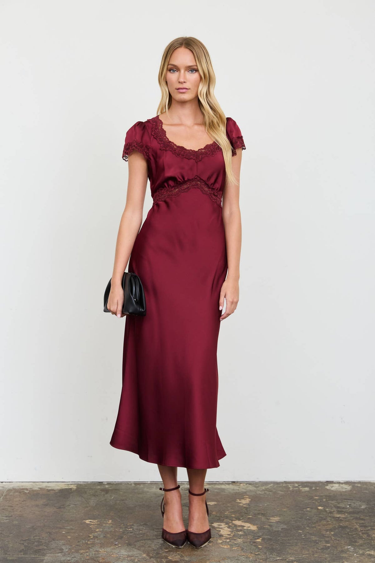 Satin Lace Trim Midi Dress